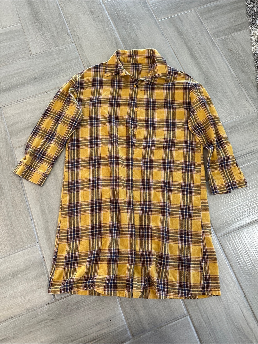 Yellow Plaid Button-Down Shirt Dress with Back Slogan cardigan/shirt/dress - Picture 2 of 2